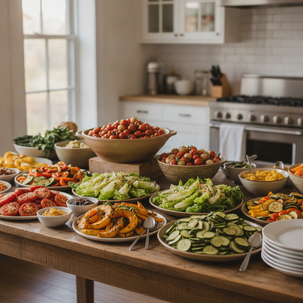buffet catering of fresh fruits and vegetables (squash, tomatoes, cucumbers, romaine lettuce) - not raw