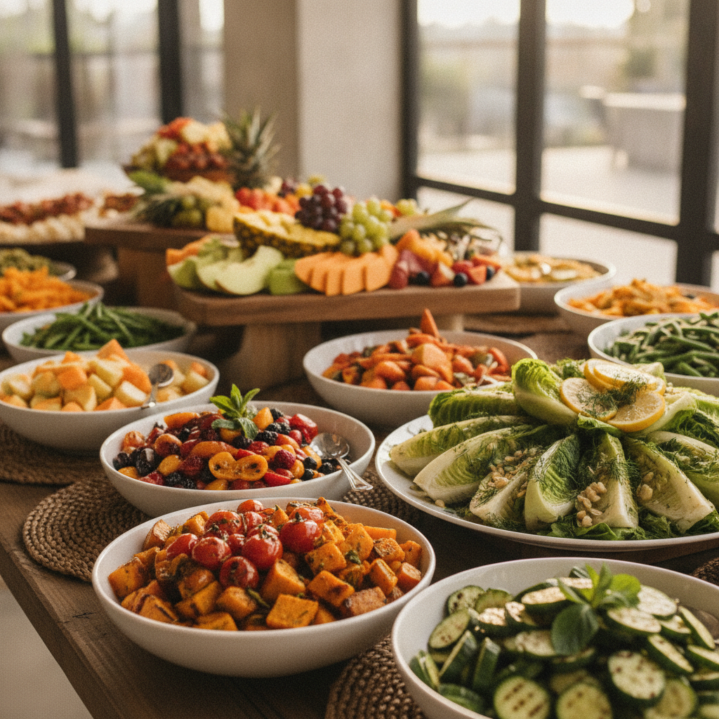 buffet catering of fresh fruits and vegetables (squash, tomatoes, cucumbers, romaine lettuce) - not raw